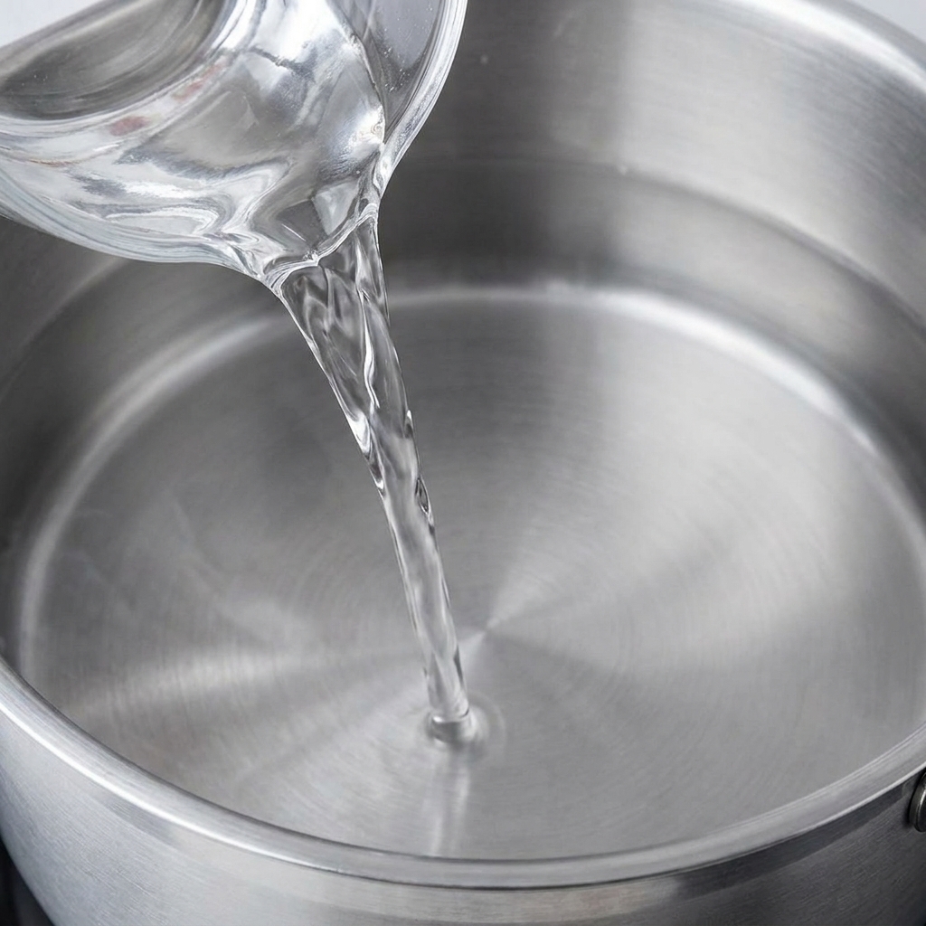 水の入った鍋に、ガラス容器から透明な酒を注ぎ入れる様子