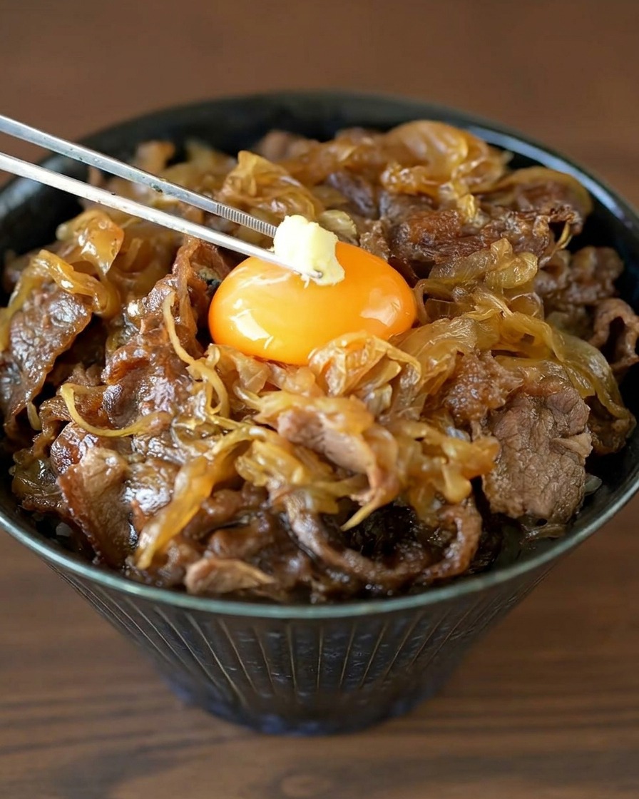 牛丼の卵黄の上に、金属製の箸で淡い黄色のすりおろし生姜を少しのせる様子