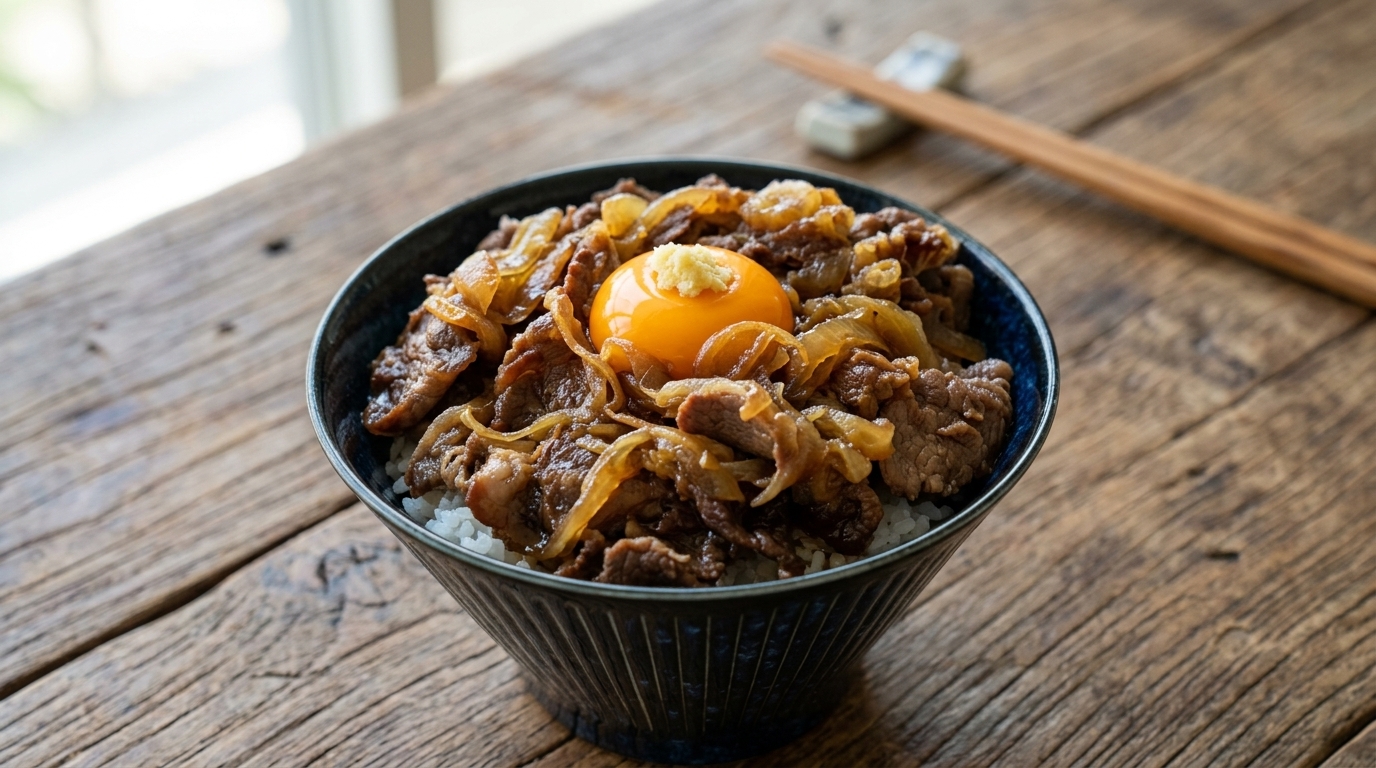 定番の味！家庭で作る極上月見牛丼