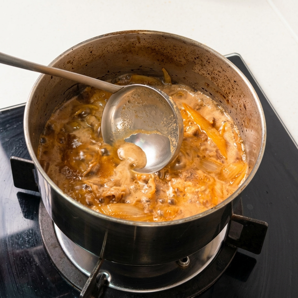 鍋の中で煮える牛肉と玉ねぎのスープの表面から、お玉を使って灰色の泡(アク)を丁寧にすくい取っている様子。