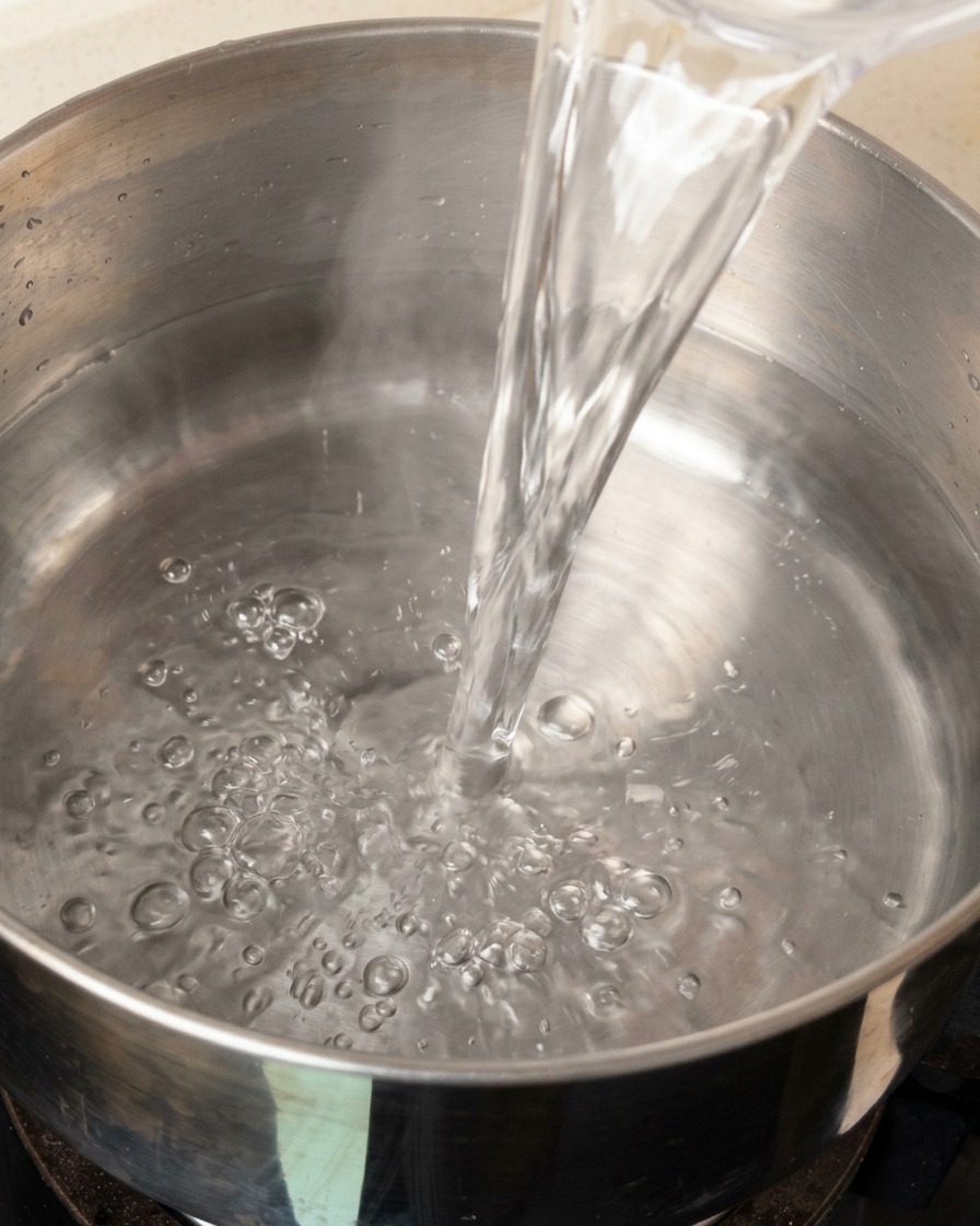 コンロの上のステンレス鍋に、新鮮な水が注がれている様子。