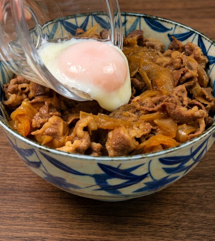 牛肉とご飯が盛られた丼の真ん中に、小さなガラスの器から白身がとろっとした温泉卵を滑らせるようにのせている様子。