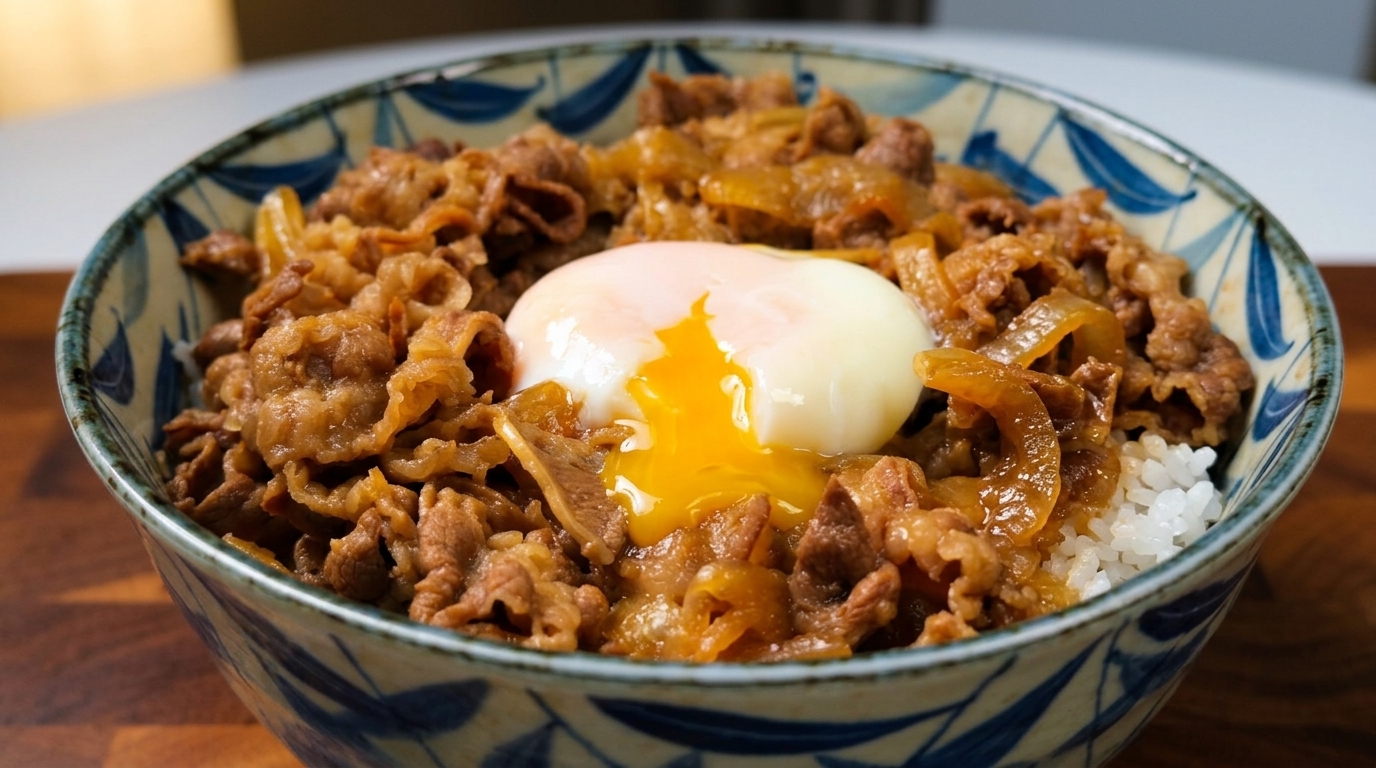 とろっと温泉卵が絡む、お家で再現する本格牛丼