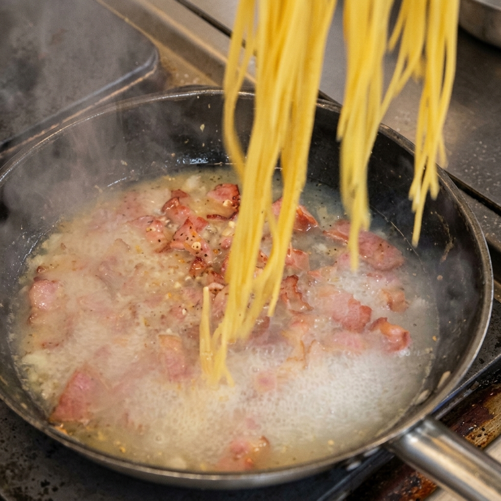 茹で上がったパスタをフライパンに投入する様子
