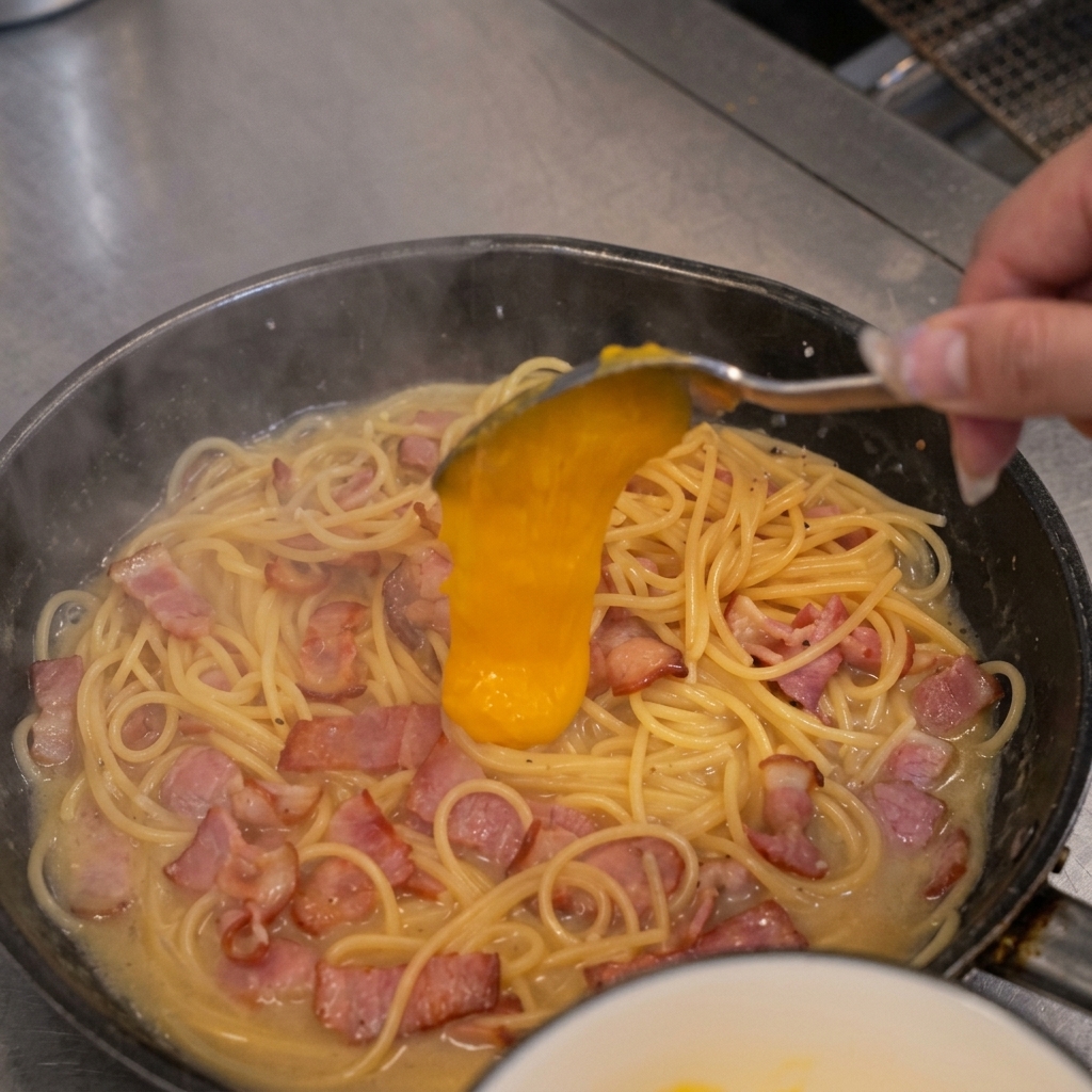 火から下ろしたパスタに卵黄ソースを回しかける様子