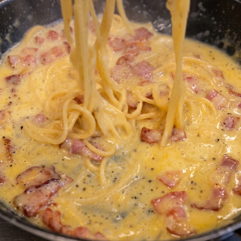 パスタと卵液を絶えず混ぜ合わせてソースを作る様子