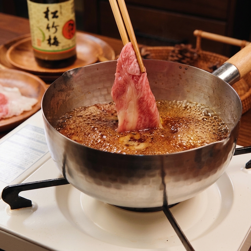 木製の箸を使い、きれいにサシの入った生の牛薄切り肉を、沸騰した濃い色のタレの中に1枚ずつ入れている様子。