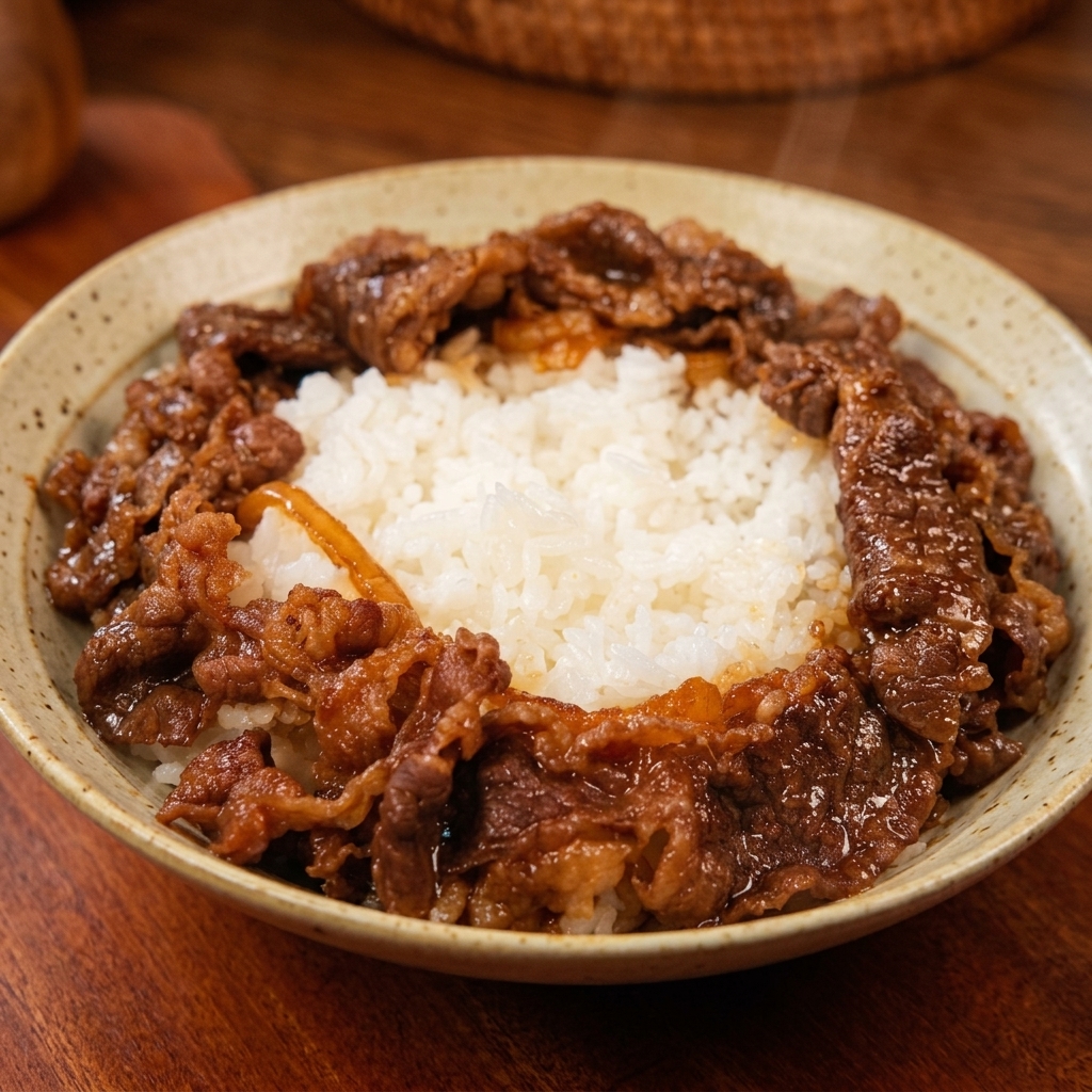 温かい白ご飯の上に、調理された柔らかい牛薄切り肉が円を描くように綺麗に並べられ、中央が少し空けられている様子。