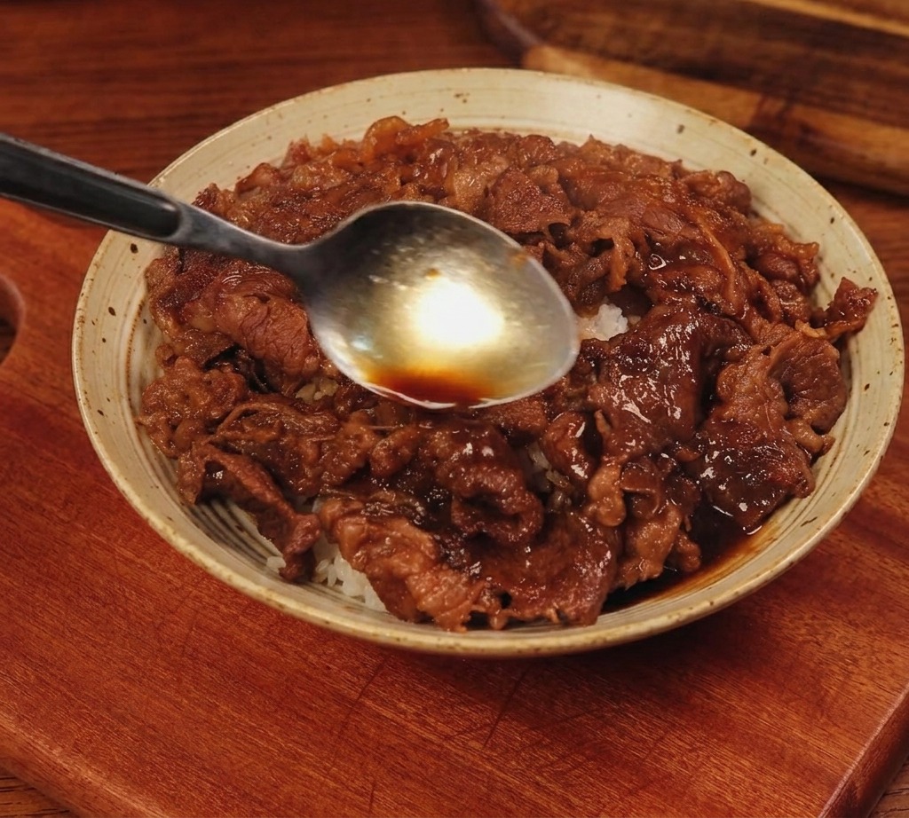 薄切り牛肉と白ご飯が盛られた丼の上に、お玉を使ってツヤのある濃い牛丼のタレを回しかけているクローズアップ写真。