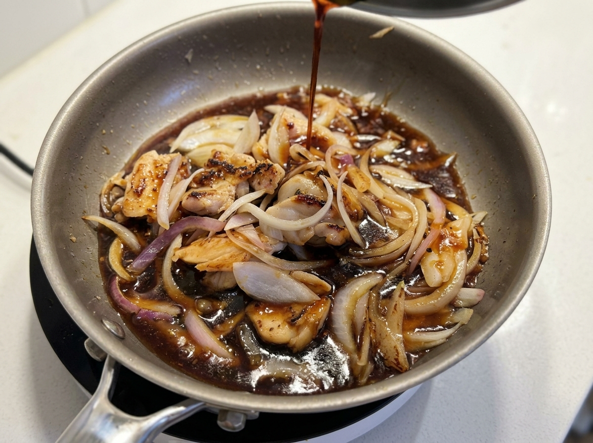 煮立っているフライパンの中の鶏肉と赤玉ねぎの上に、醤油ベースの濃いタレを回しかけている様子。