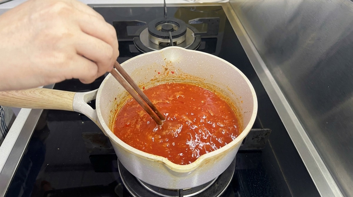コンロの上で真っ赤なチリニンニクソースがぐつぐつと煮立っており、木製の箸でかき混ぜられている小さな鍋。