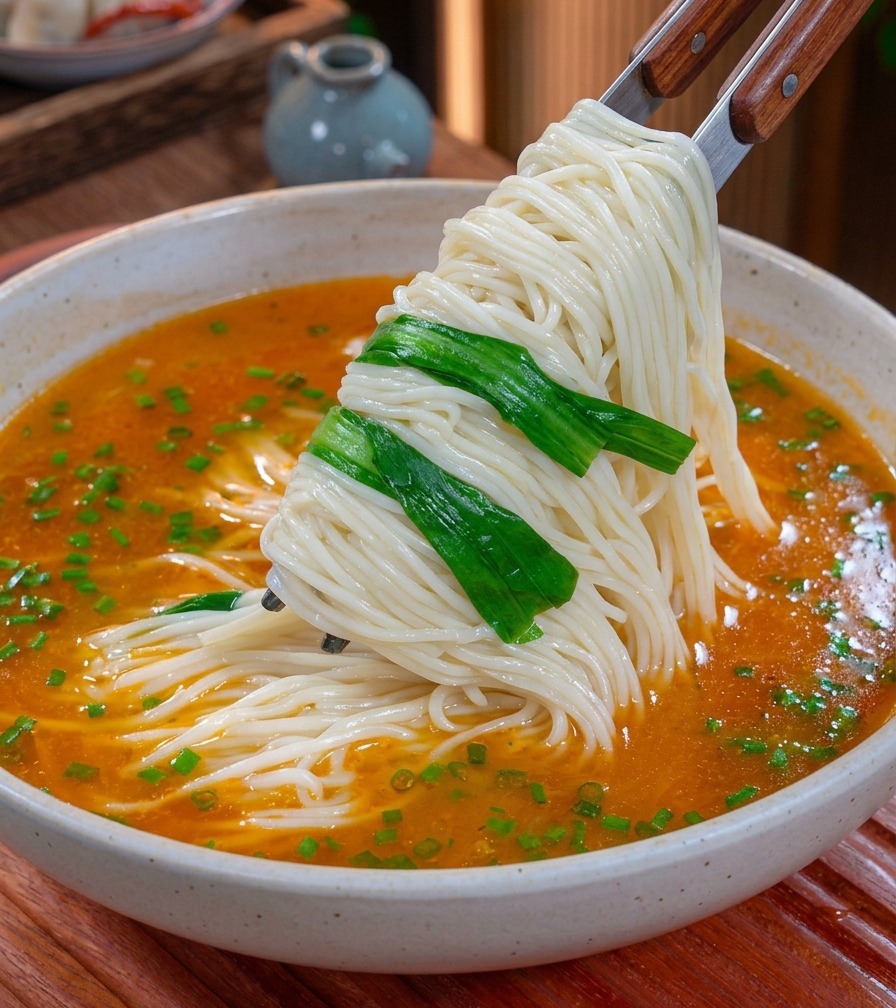 箸で持ち上げられ、オレンジ色のスープが入った器へと丁寧に盛り付けられる白い麺と茹でた青菜