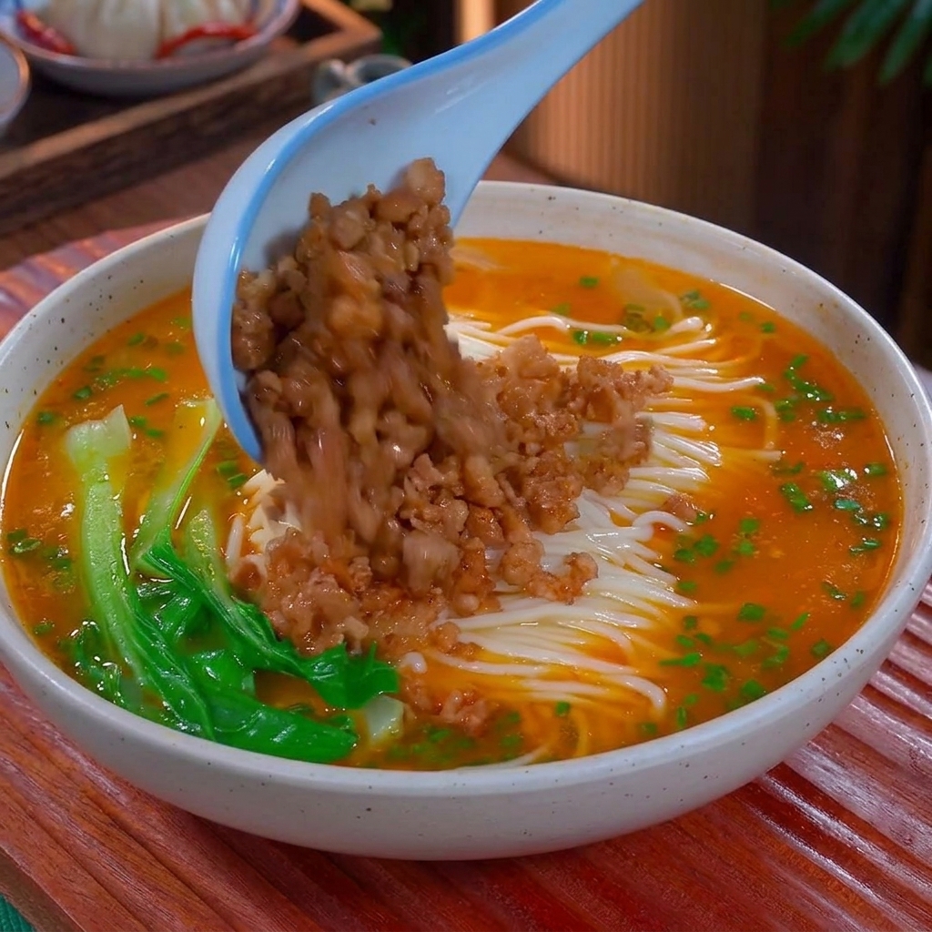 チンゲン菜が添えられ、鮮やかなオレンジ赤色のスープに浸かった麺の上に、青いレンゲから盛り付けられる炒めた肉そぼろ
