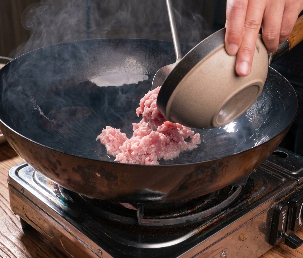 湯気を立てながら中華鍋で炒められ、脂が溶け出し始めた豚ひき肉。