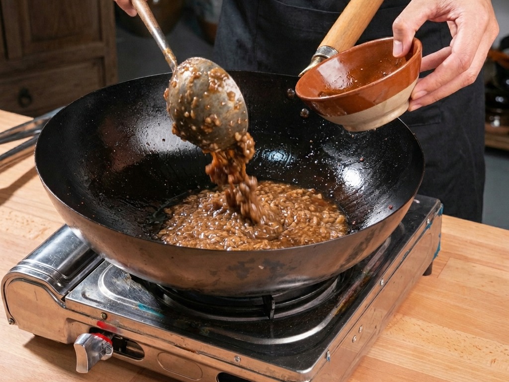 細かく刻まれた黒っぽい芽菜が、小鉢から肉そぼろの入った中華鍋に加えられている様子。