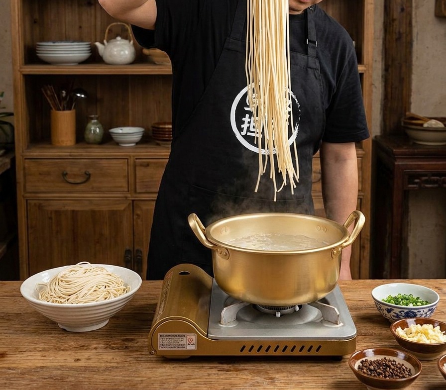 たっぷりのお湯が沸騰した鍋に、細い中華生麺が入れられている様子。