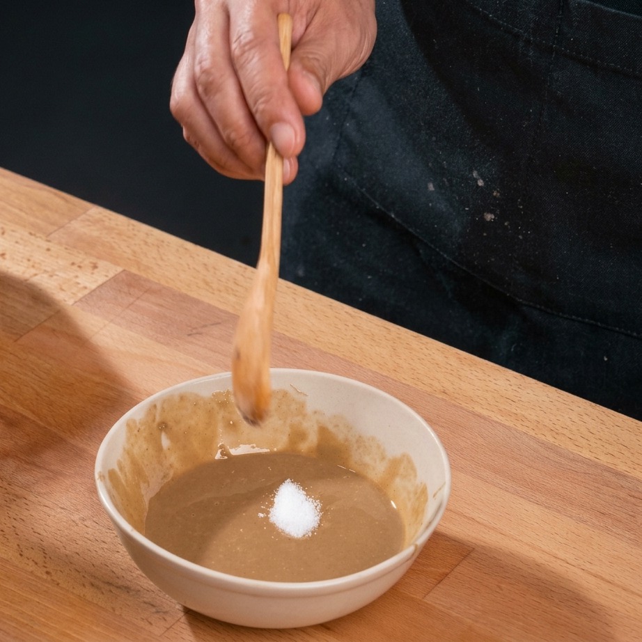 木のスプーンを使い、少量の白い粉末調味料をごまダレのボウルに加えている様子。