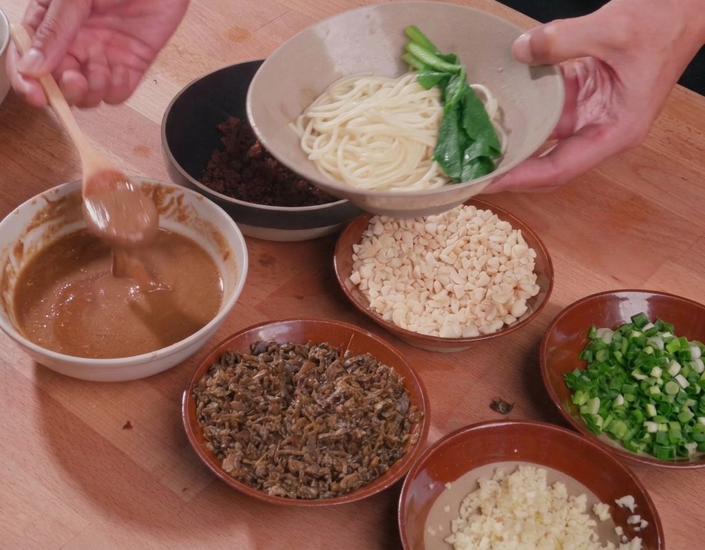 鮮やかな緑色のチンゲン菜が添えられた白い麺に、木のスプーンでとろみのある茶色いごまダレをかけている様子。
