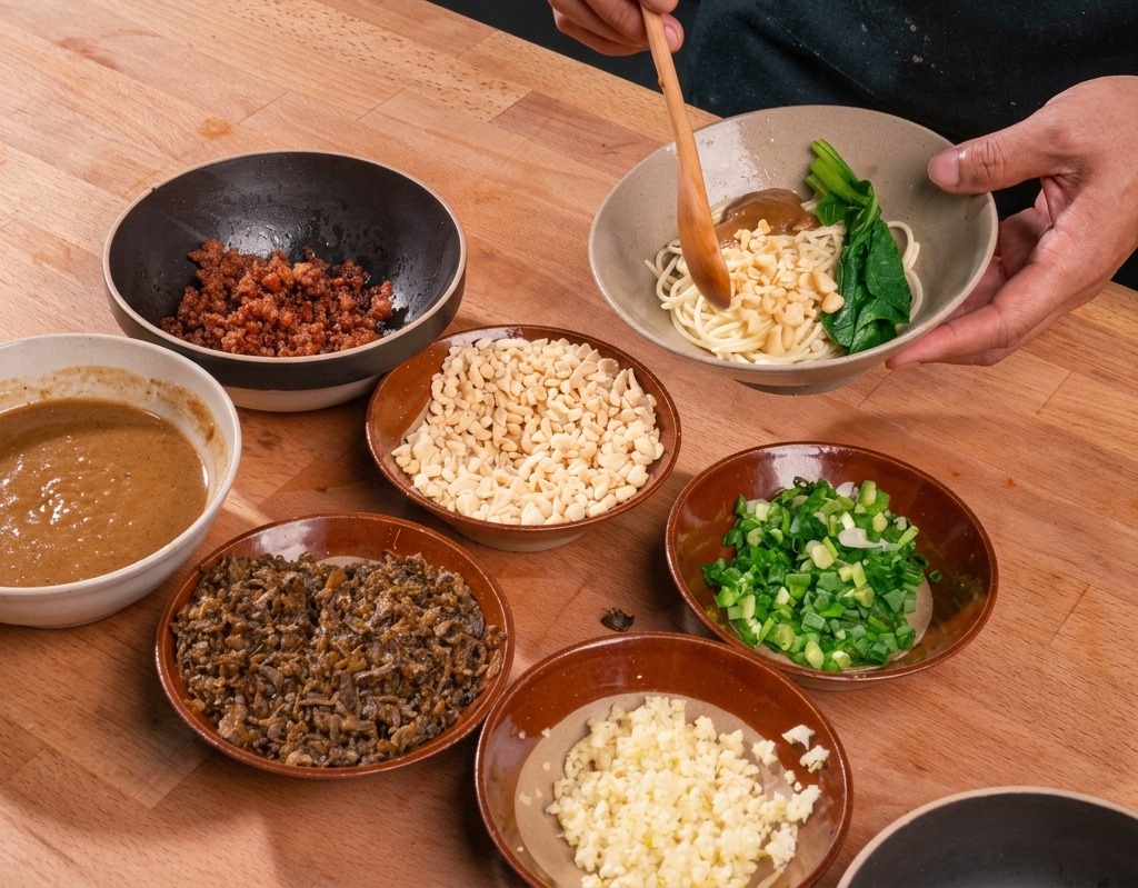 ごまダレと青菜が乗った担々麺の入った器に、砕いたピーナッツを木のスプーンで乗せている様子。周りにはトッピングの小鉢が並んでいる。