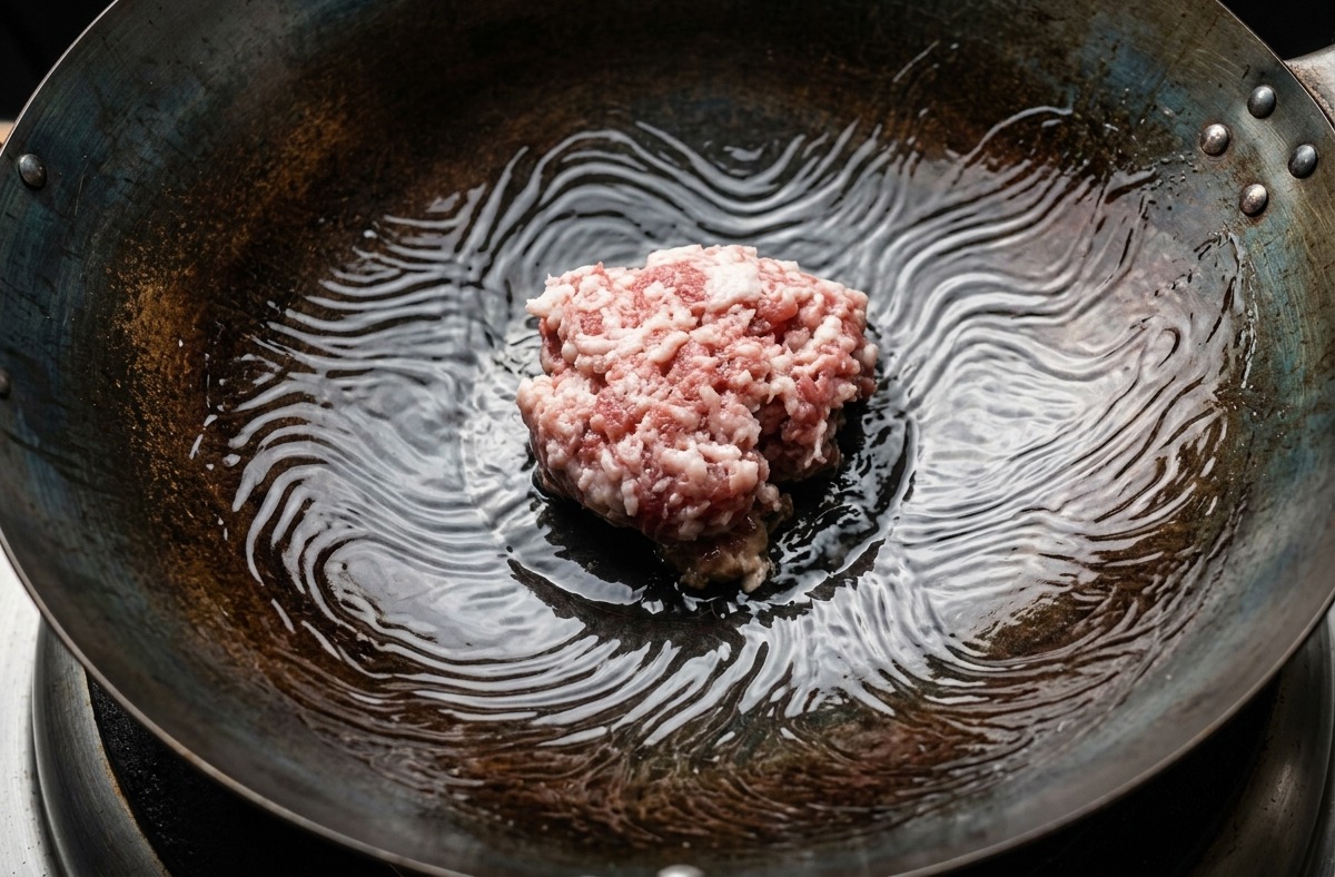鉄中華鍋の底に敷いた少量の冷たいサラダ油の中に、生の豚ひき肉が置かれている様子。