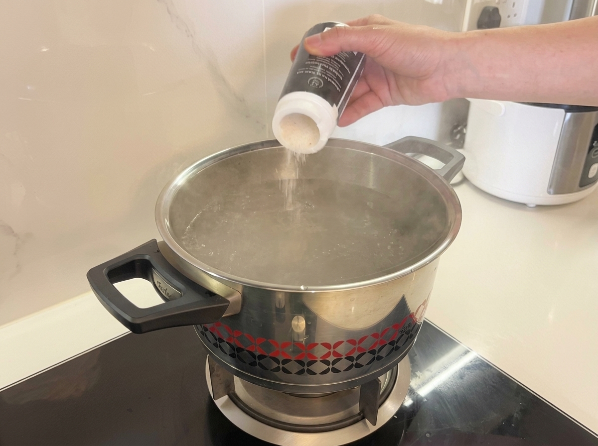沸騰して湯気が上がっている鍋に、手で白い塩をたっぷり投げ入れる様子。