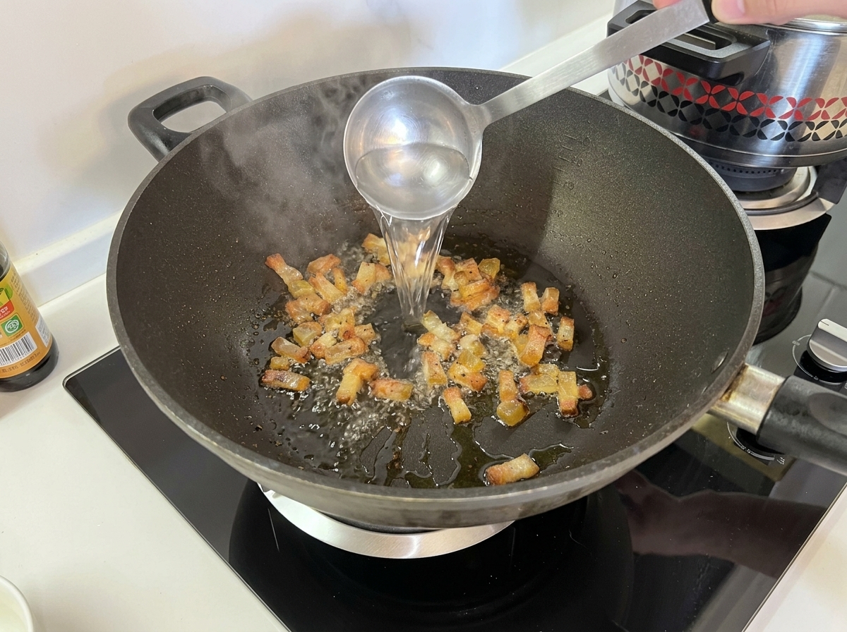 カリカリになったグアンチャーレと脂が入った中華鍋に、お玉で熱いパスタの茹で汁を注ぐ様子。