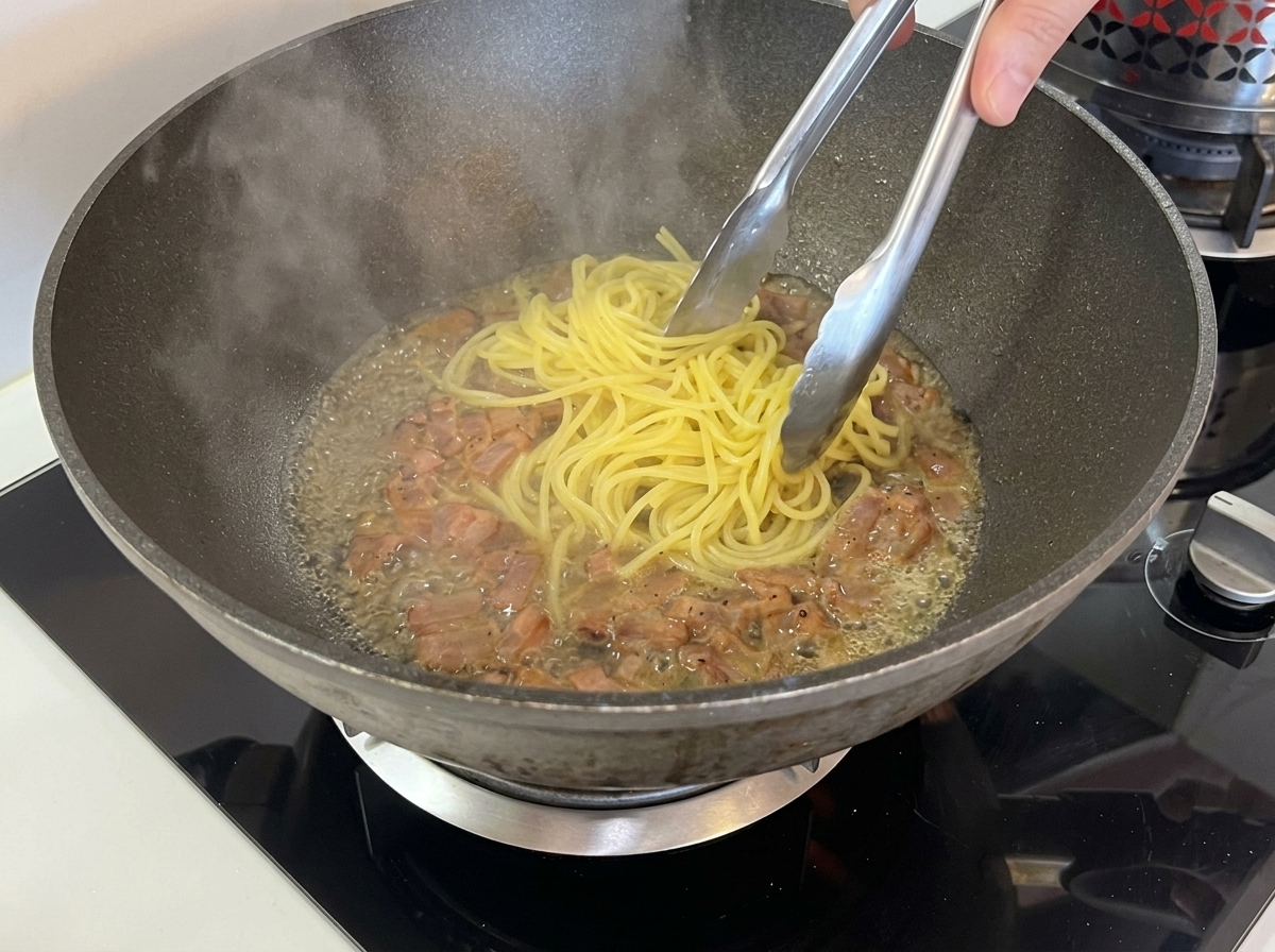 トングを使い、茹で上がったスパゲッティをグアンチャーレの入ったフライパンへ移す様子。
