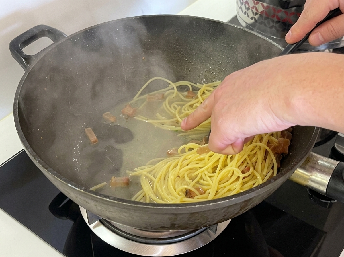 スパゲッティとグアンチャーレが混ざり、フライパンの底に少量の茹で汁がたまっている状態。