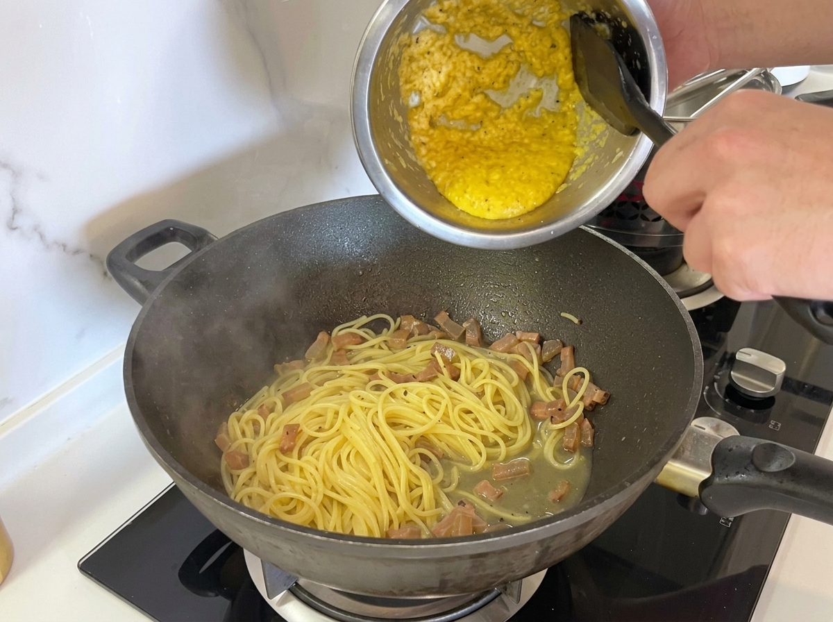 火を止めたフライパンの中のパスタに、ボウルから濃厚な黄色の卵液を注ぎ入れる様子。