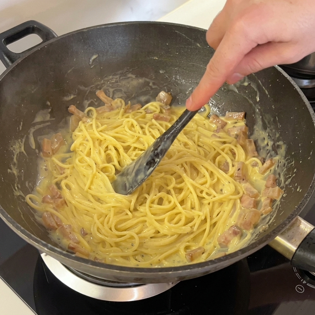 艶やかで濃厚な薄黄色のソースをまとったスパゲッティが、グアンチャーレと美しく混ざっている様子。