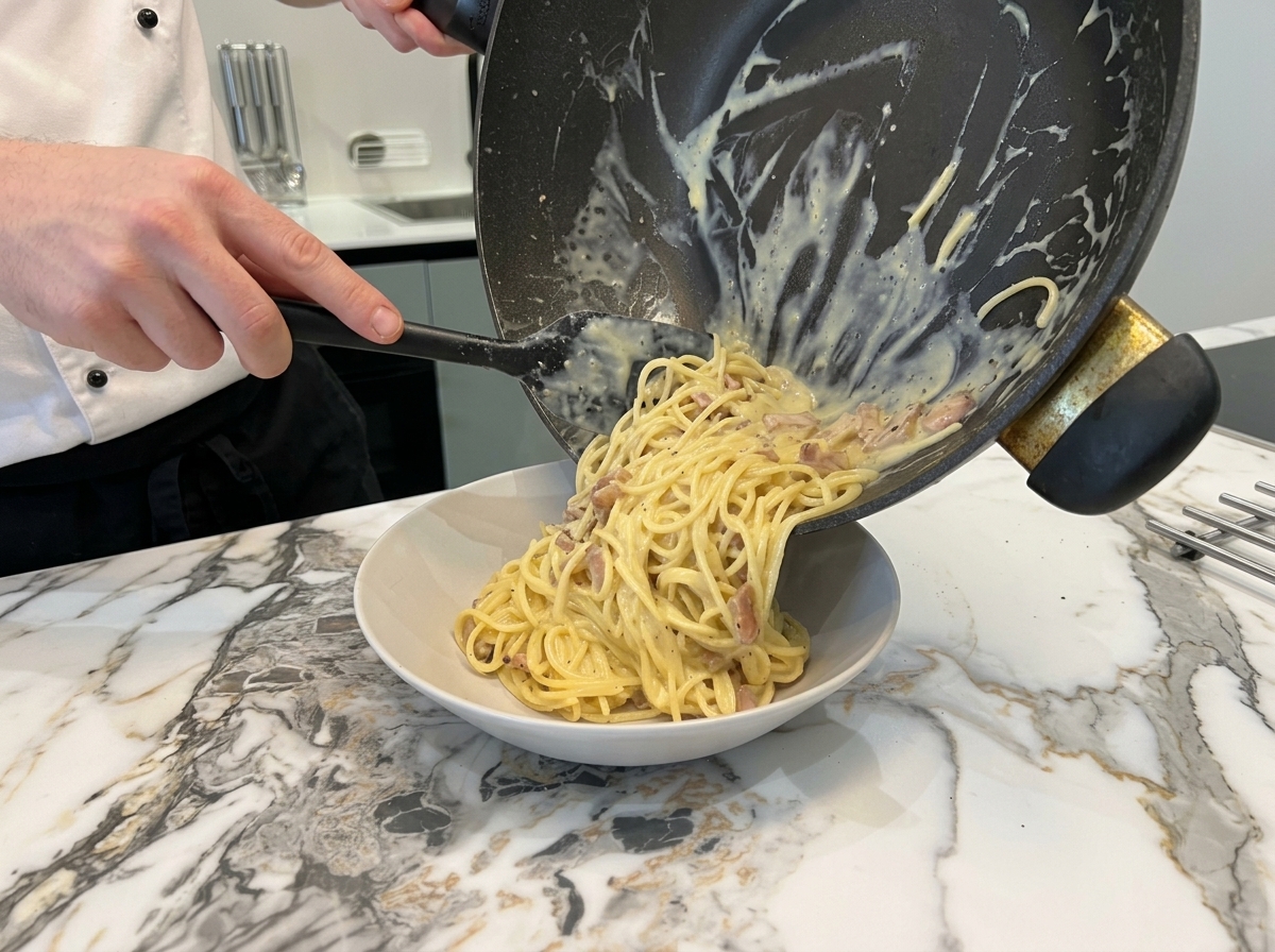 フライパンから出来立てのカルボナーラを白い器に滑らせるように盛り付ける様子。