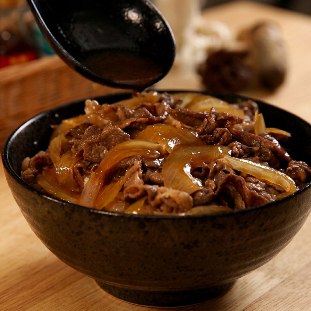 小さな黒いお玉を使い、出来立ての牛丼の上から旨味の詰まった濃いお出汁を回しかけている様子。