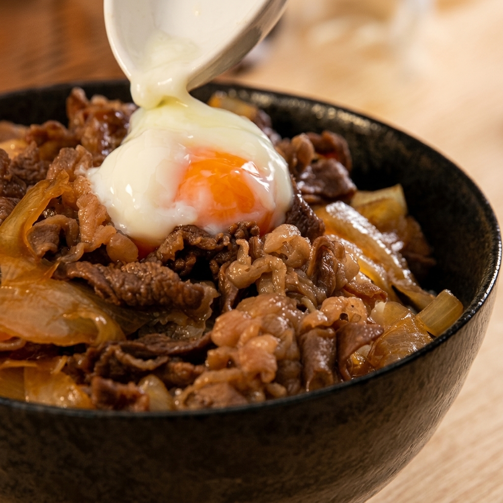 白いスプーンから、ぷるぷるとした半熟の温泉卵が牛丼の中央に滑り落ちる瞬間の様子。