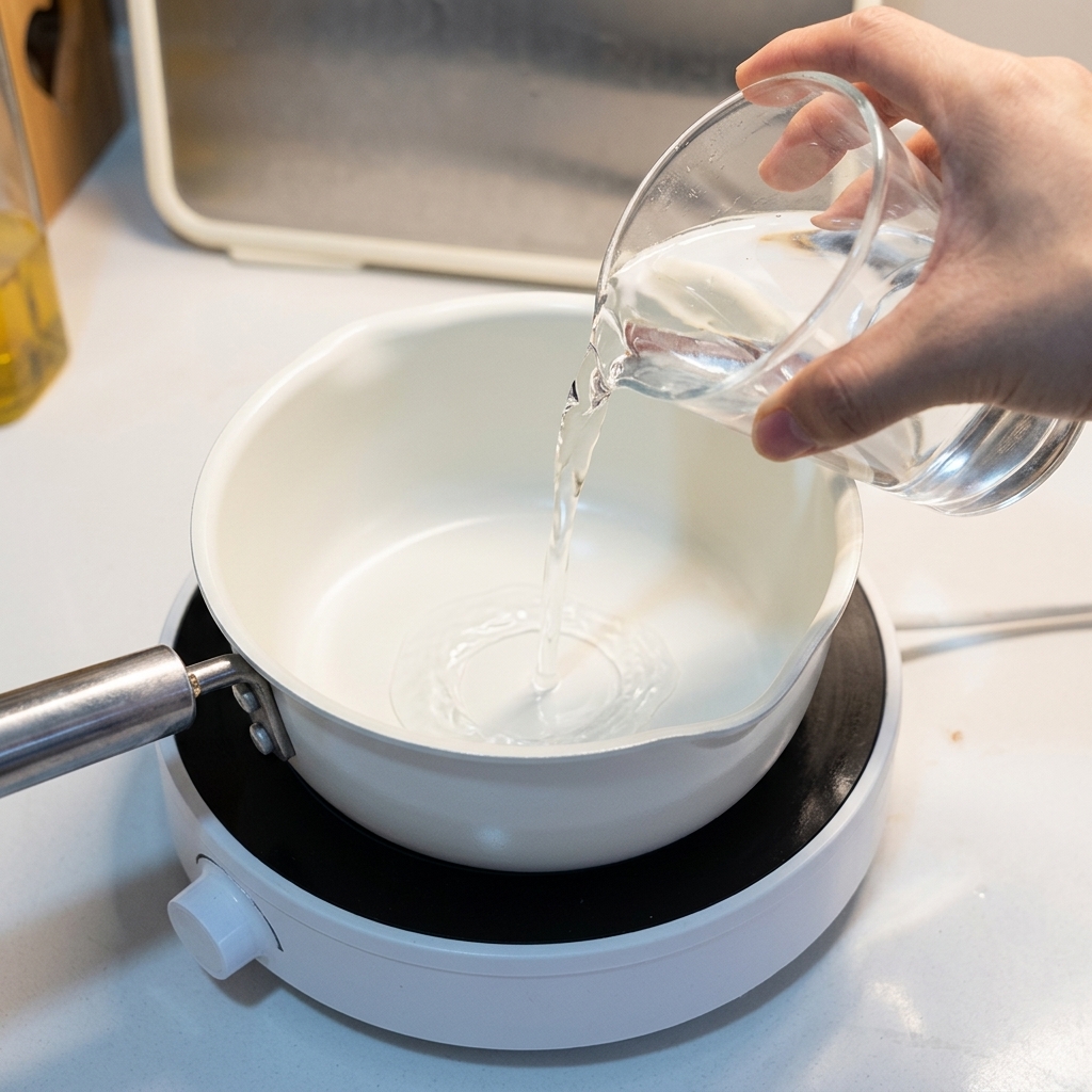 コンロの上の白い鍋に、計量カップから水を注いでいる様子。