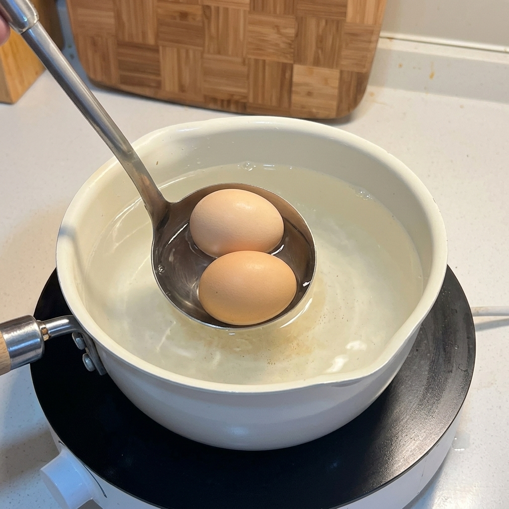 お玉を使って、熱湯の入った鍋に殻付きの生卵2個をそっと入れている様子。
