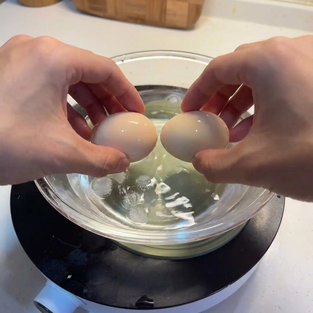 両手で茹で上がった卵を、氷水の入った透明なガラスボウルに移している様子。