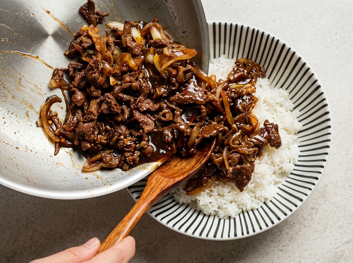 木べらを使って、フライパンから熱々の白いご飯の入った丼へ牛肉と玉ねぎを盛り付けている様子。