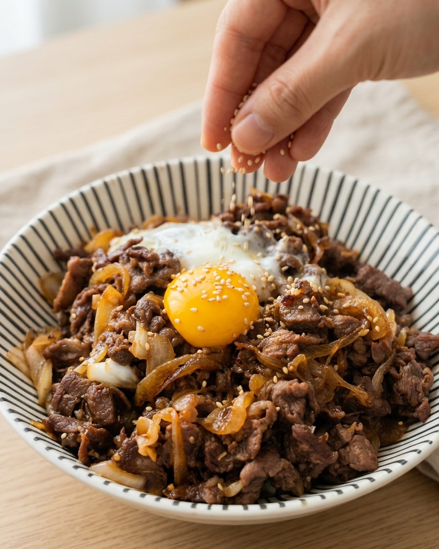 鮮やかな卵黄と飴色の玉ねぎがのった牛丼に、手で白いりごまを振りかけている様子。