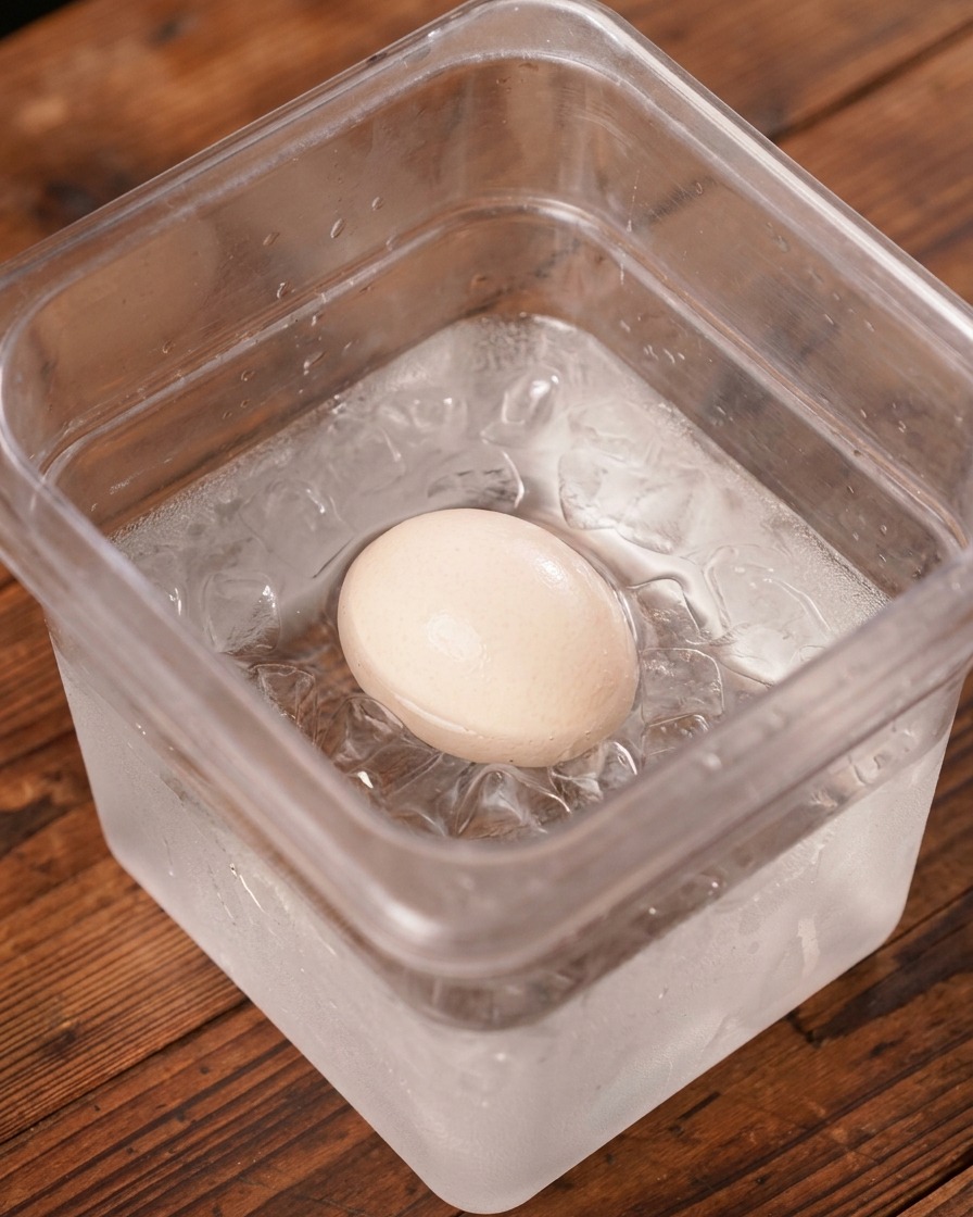 茹で上がった卵を、氷水がたっぷり入った透明なプラスチック容器に浸して冷ましている様子。