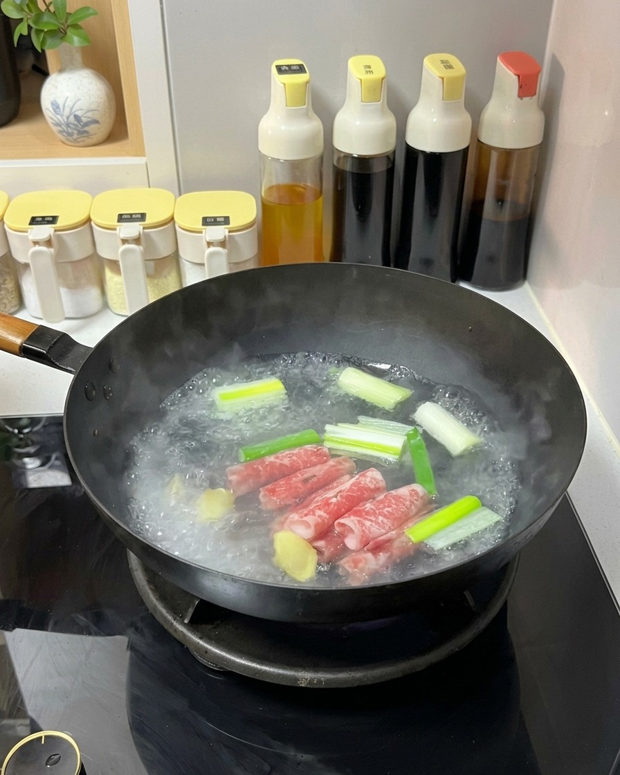 生姜とねぎが入った沸騰した鍋に、薄切りにされた生の牛バラ肉を沈めている様子。