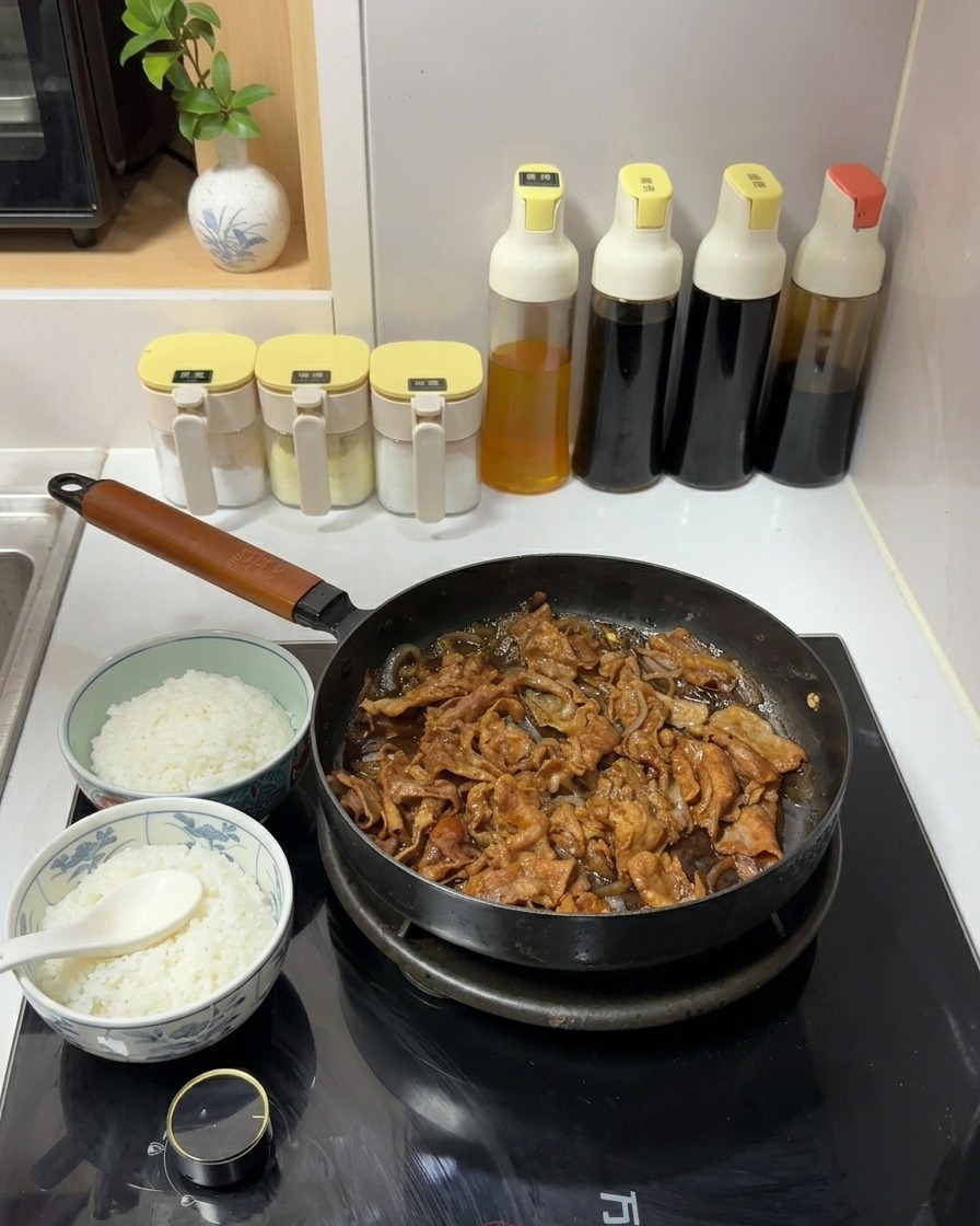 フライパンで濃いタレと煮込まれている牛肉と玉ねぎの横に置かれた、2杯の白いご飯のボウル。