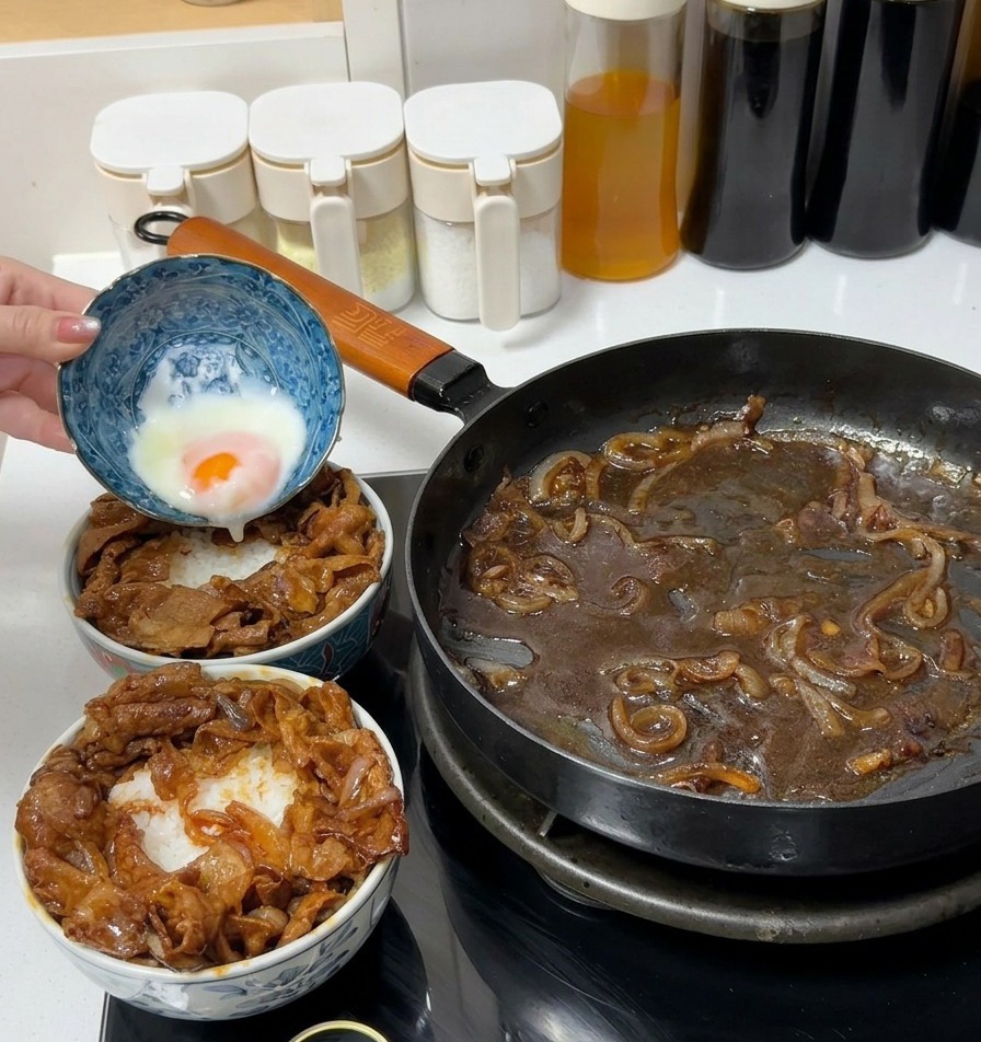 青い模様のある陶器の器から、調理済みの牛肉がのったご飯の上に温泉卵をそっと移している様子。