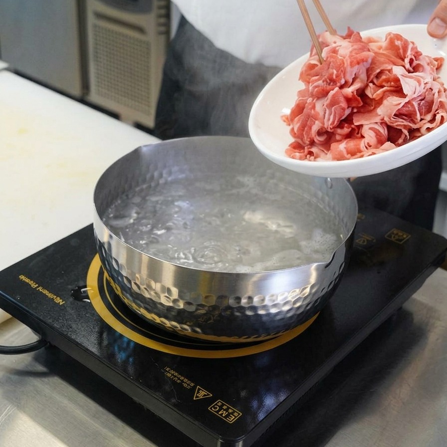 箸で薄切りにされたピンク色の生の牛バラ肉を持ち上げ、沸騰したお湯が沸く雪平鍋に丁寧に入れている様子。