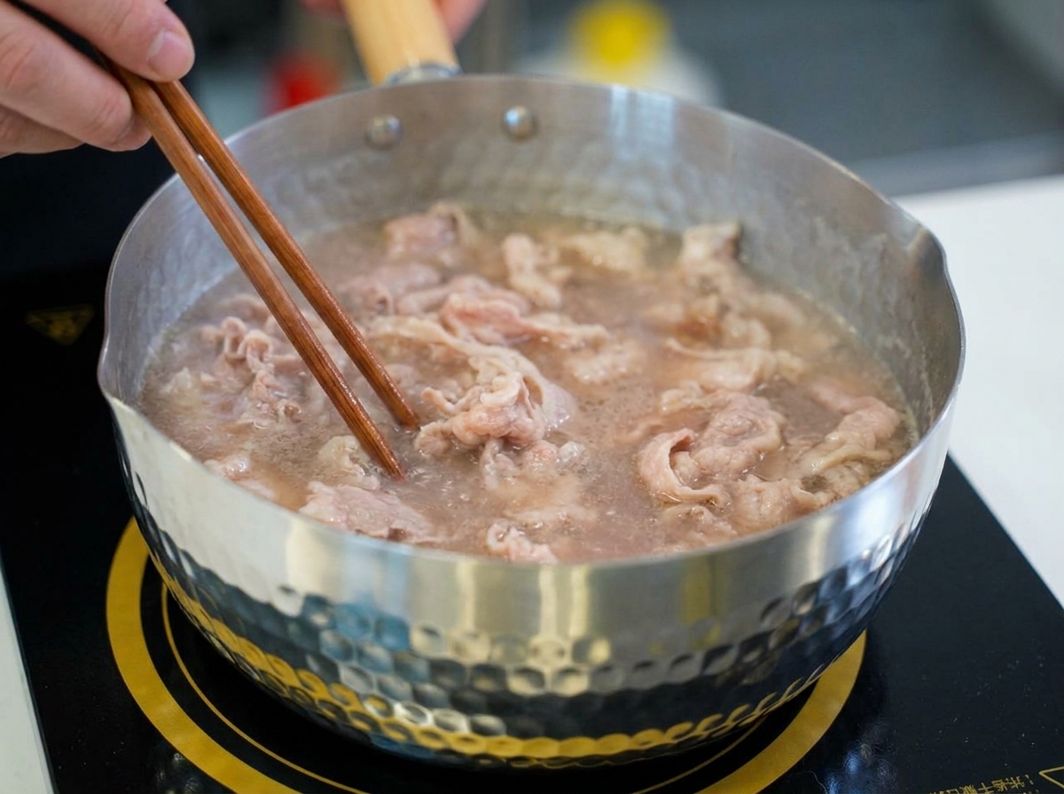 鍋の熱湯の中で、生のピンク色から淡い茶色へと色が変わっていく薄切り牛肉を、木箸で優しく混ぜている様子。
