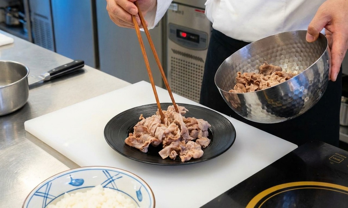 長めの木箸を使い、茹で上がって縮まった牛肉を、金属製のボウルから平らな黒いお皿へと移している様子。