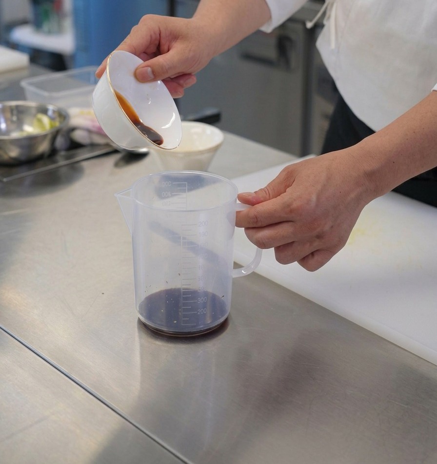 すでに濃い色のソースが入っているプラスチック製の計量カップに、小さな白い陶器のボウルから濃い色の液体調味料を注いでいる様子。