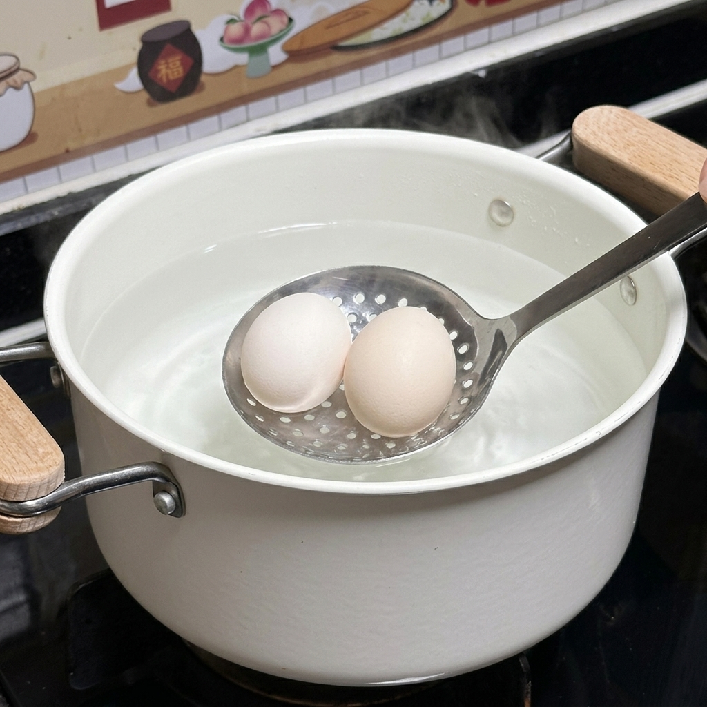 穴あきおたまを使い、生卵2個を白い鍋の温かいお湯へそっと沈めている様子。