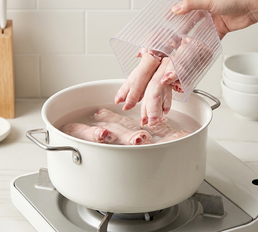 生姜やねぎを入れた沸騰中のお湯に、生の牛薄切り肉を入れて湯通ししている様子。