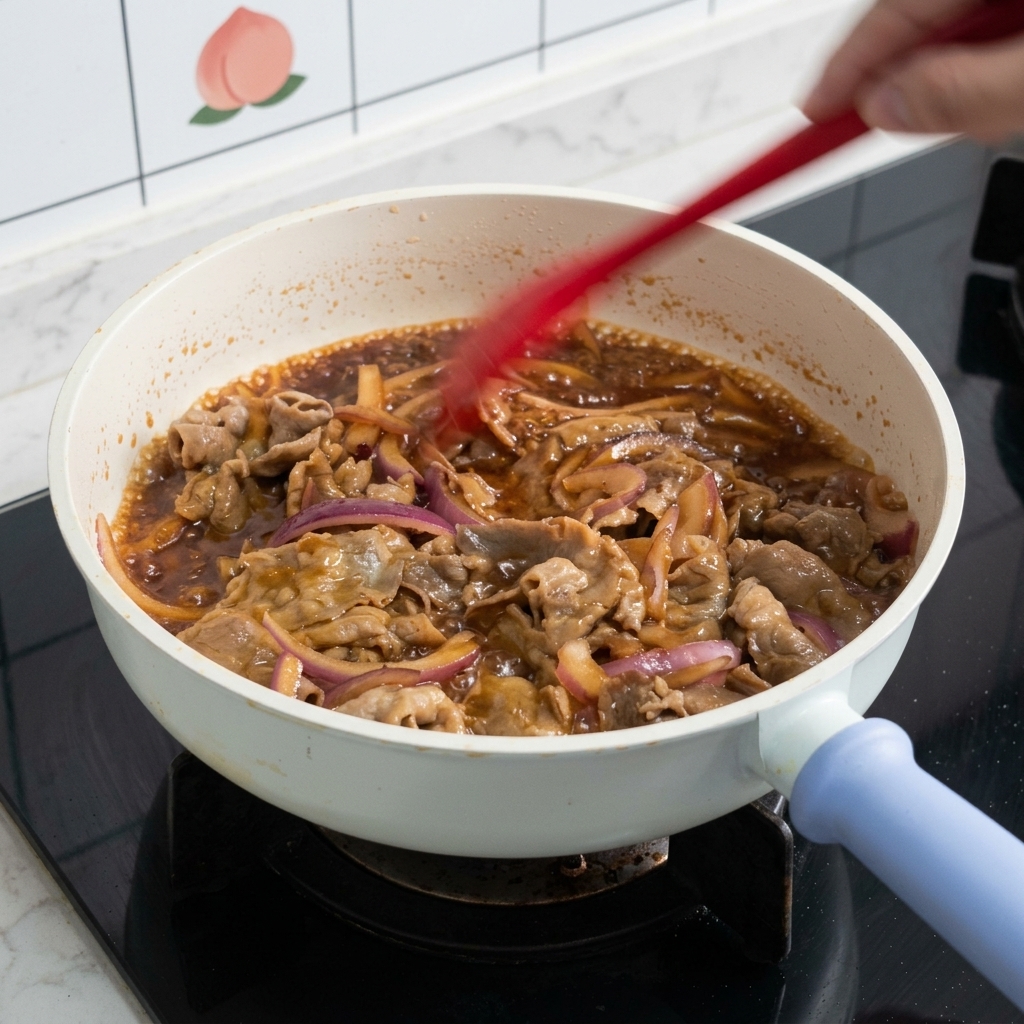 茶色の照り焼きソースがふつふつと沸くフライパンの中で、スパチュラを使って牛肉と玉ねぎを返している様子。