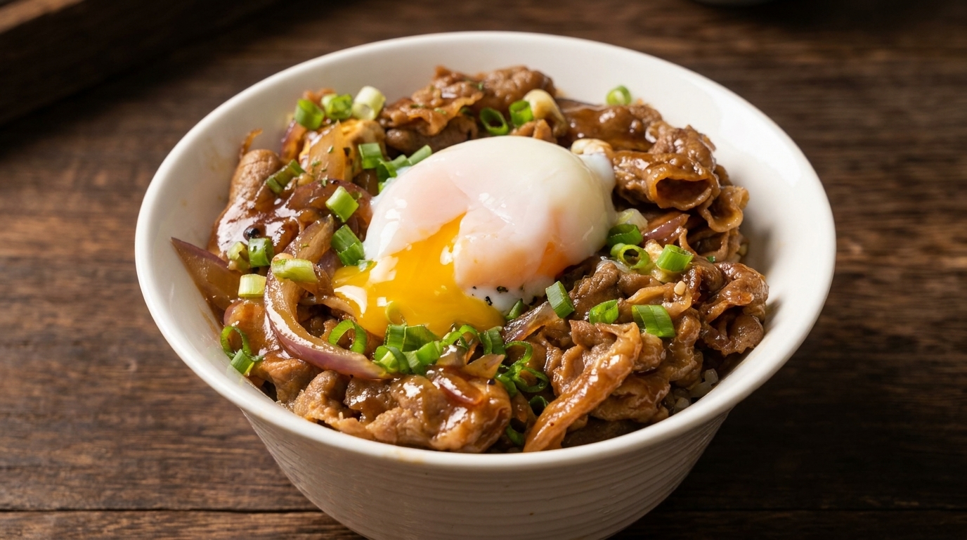 とろ〜り温泉卵のせ簡単照り焼き牛丼
